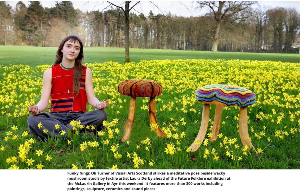 🌼 I am chuffed to be sent this happy spring image in Mailplus.co.uk of Oli @visualartsscotland with my wacky stools on show at @maclaurinart Oli gets that the stools invite a mindful seat to sit and treat our busy noggins to chill and smell the flow