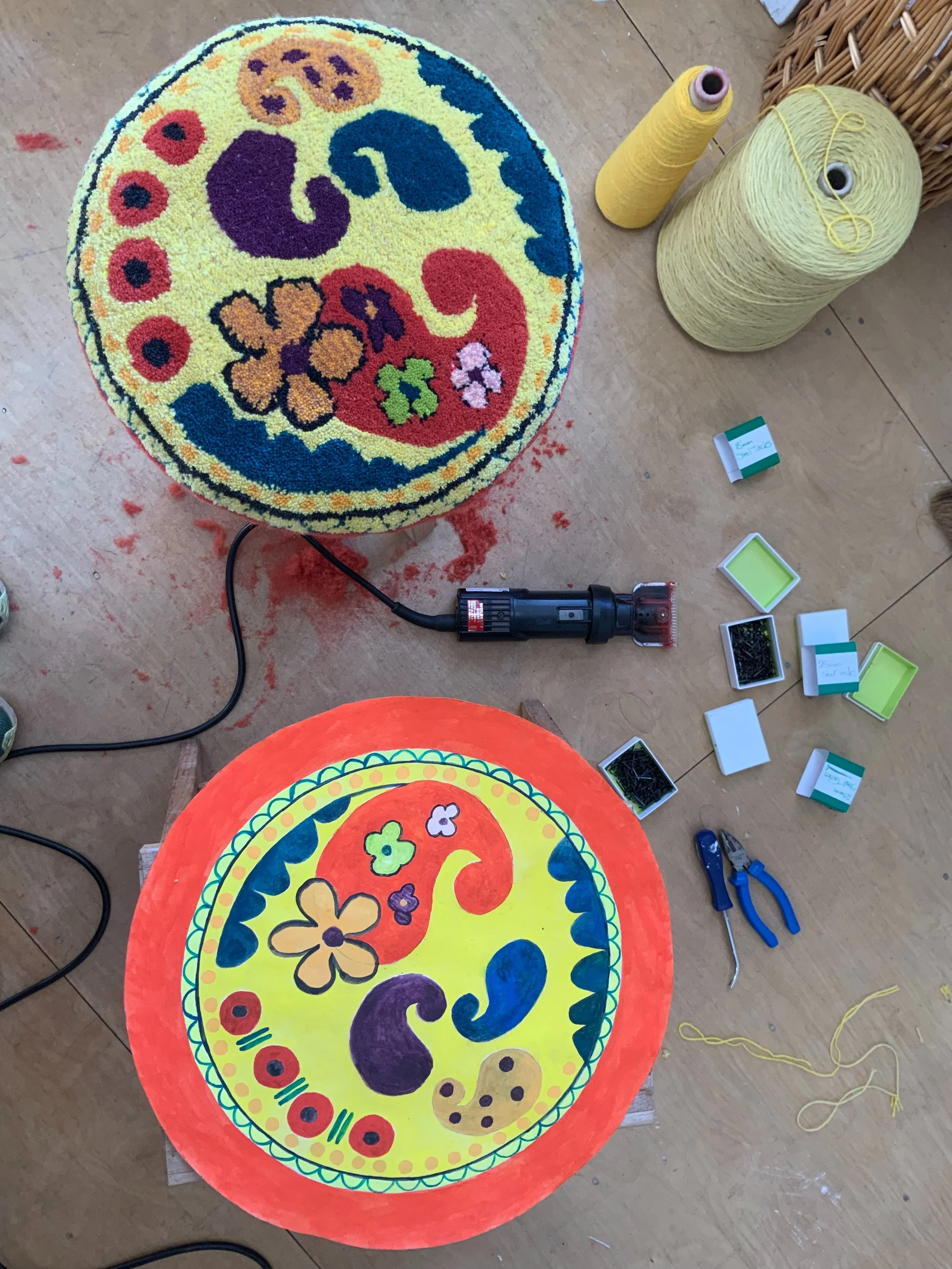 A unique commission request from an artist. There&rsquo;s something very satisfying about recreating someone&rsquo;s design into a functional item for them, especially when it&rsquo;s their work desk seat #handtufted #commissionworks #functionalartwo
