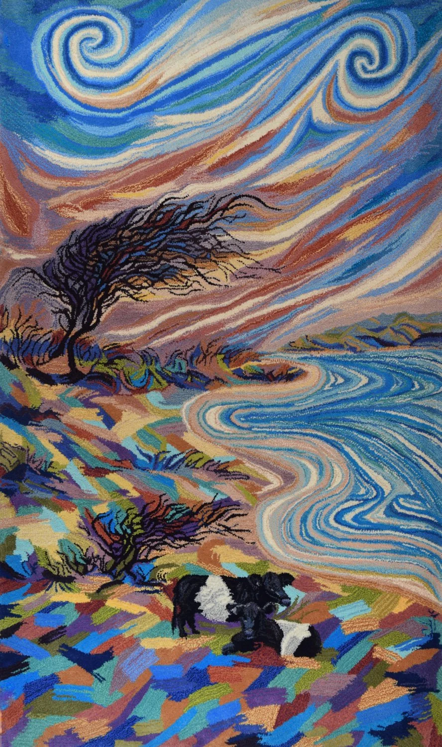 Colorful landscape hand crafted rug with swirling sky, barren trees, a river or lake, and two Belted Galloway cows on multicolored ground.