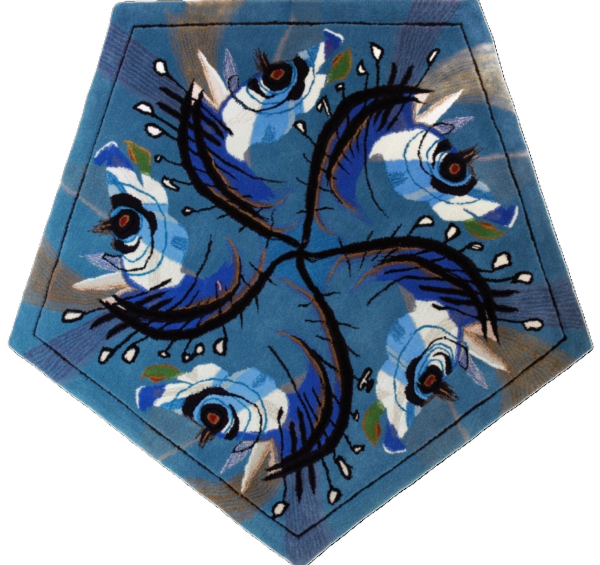 A hexagonal hand tufted textile with a blue and black carynx war horse design on the surface, featuring symmetrical mane and intricate details.