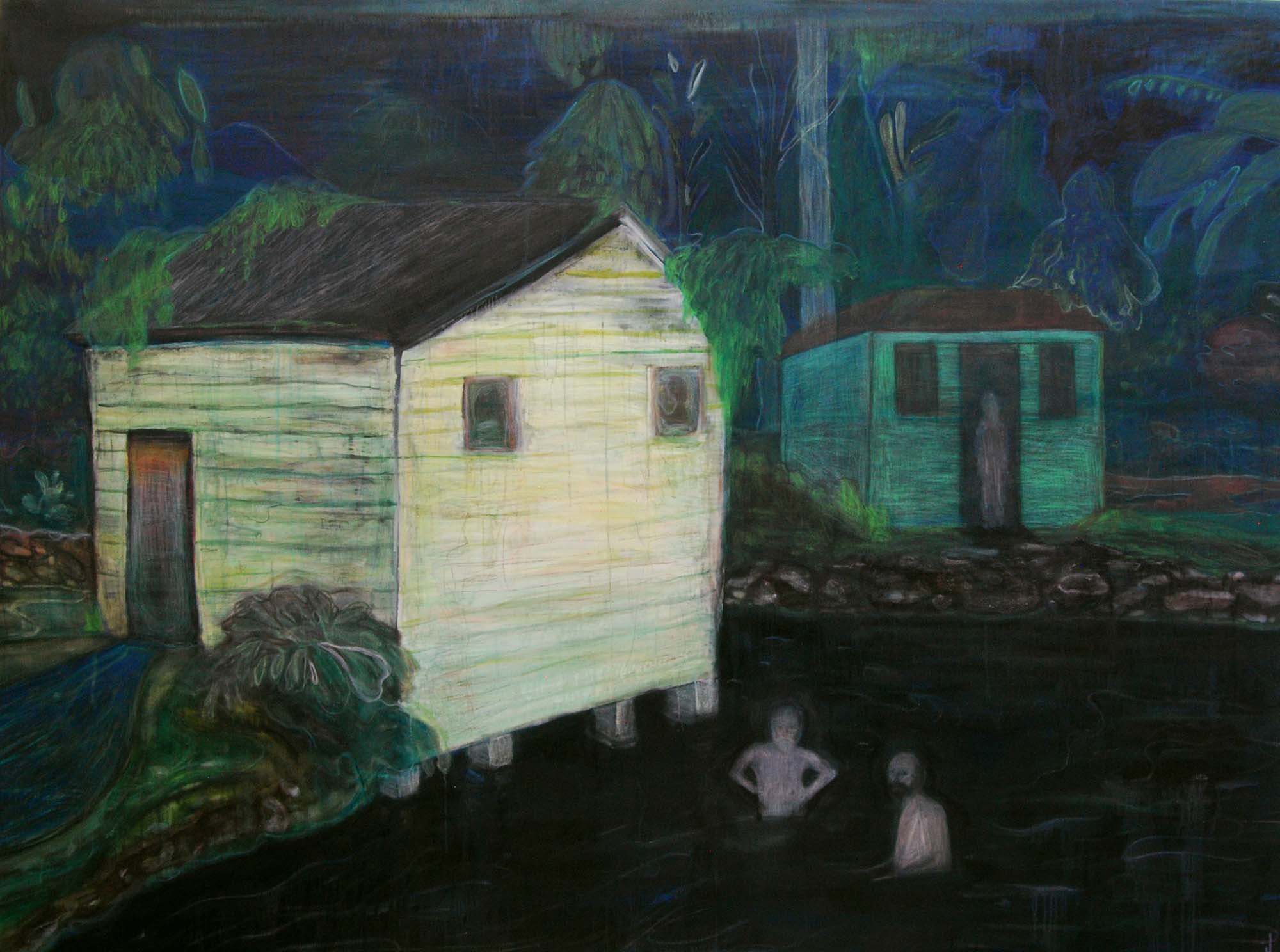  Justin Williams,&nbsp; Memorial Gardens with green house , 2014, oil and raw pigment on canvas, 175 x 221cm 