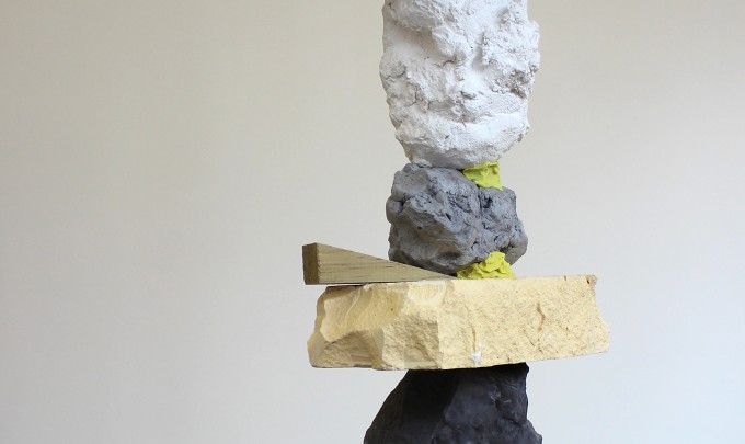 Melanie Upton, Stacked , 2015, Timber, cement, plaster, powder pigment, foil, paper, plasticene, polystyrene, besser block, acrylic, enamel, steel, clamp, dimensions variable