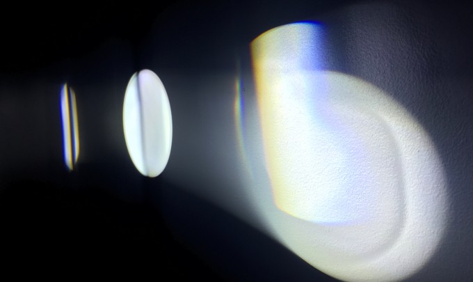 Michaela Gleave, Eclipse Machine (Retograde Motion) , 2015, projection lamp, motors, prisms, timber, stand, 70 x 70 x 140cm