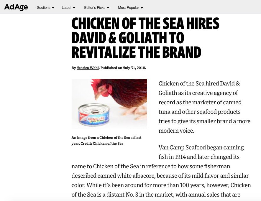 AdAge: Chicken of the Sea Hires D&G to Revitalize the Brand