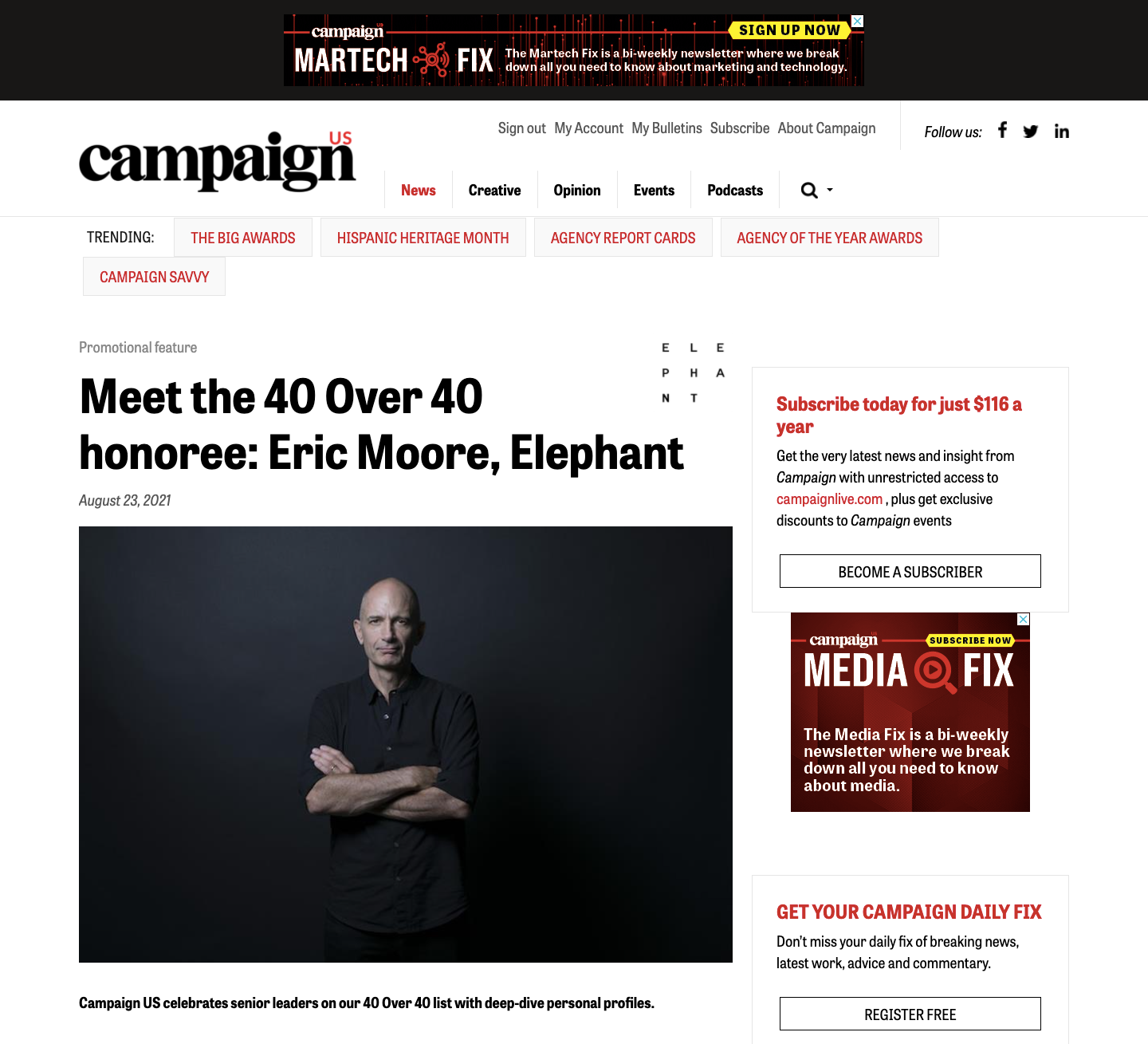 40 Over 40 Winner: Elephant's Eric Moore, CEO