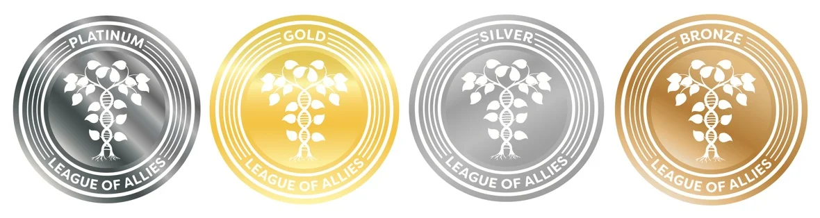 Image of League of Allies Seals of Inclusion: Platinum, Gold, Silver, and Bronze that can be earned, along with Certification, based on your Helix score.