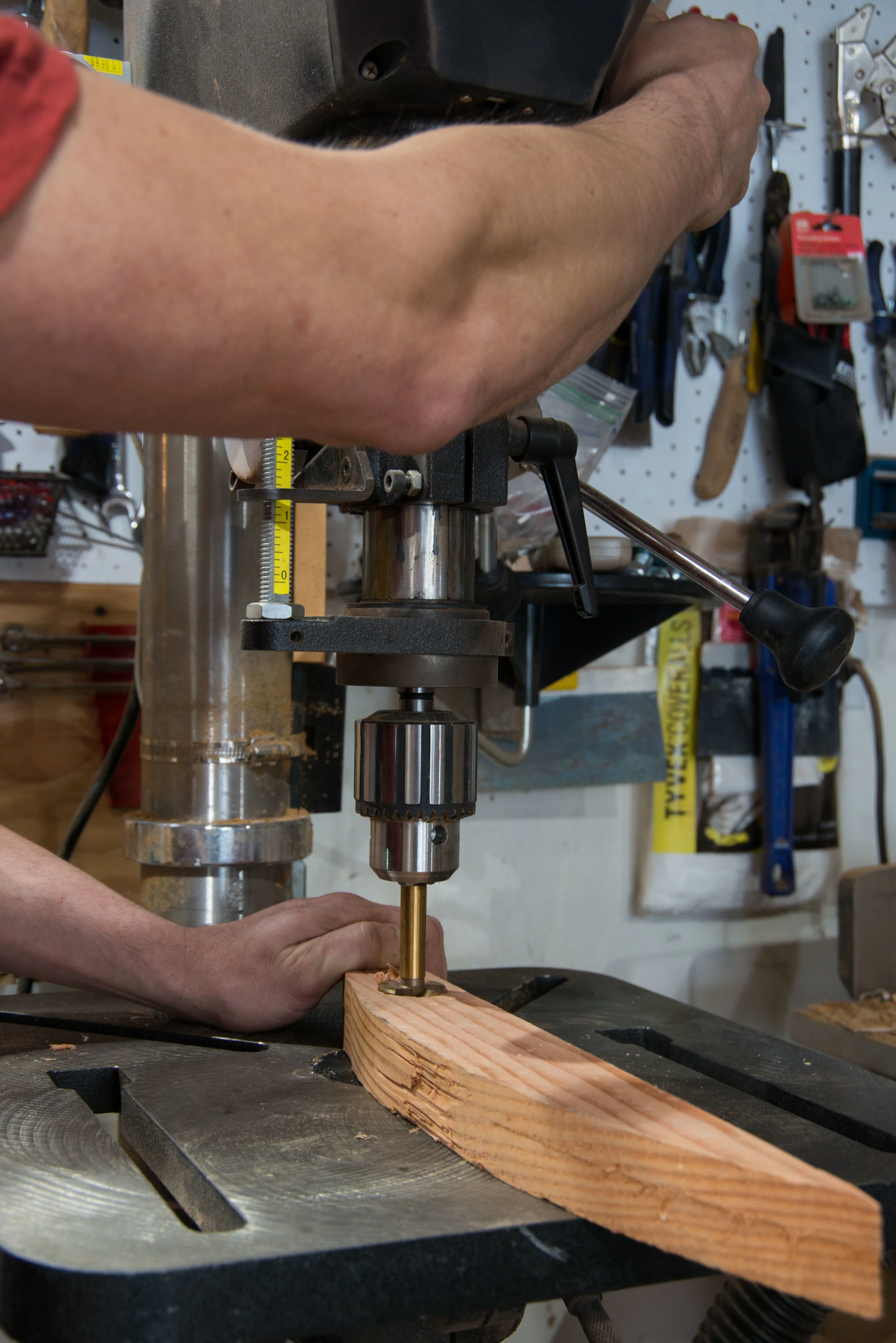 Should the bit grab the workpiece - as big forstner bits like this tend to do - it will rotate the long end clockwise into me. So I shouldn’t be standing in between that long end at right, and the drill press column in the back of the photo. Ideally, the piece should hit (and be stopped by) the column before me.