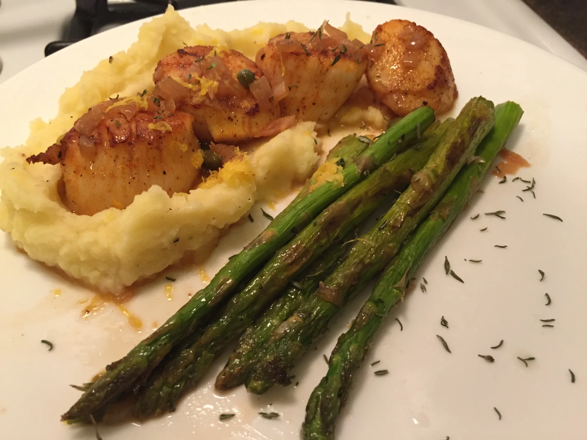 Seared Scallops with Beurre Blanc, Garlic Mashed Potatoes, Truffle Asparagus