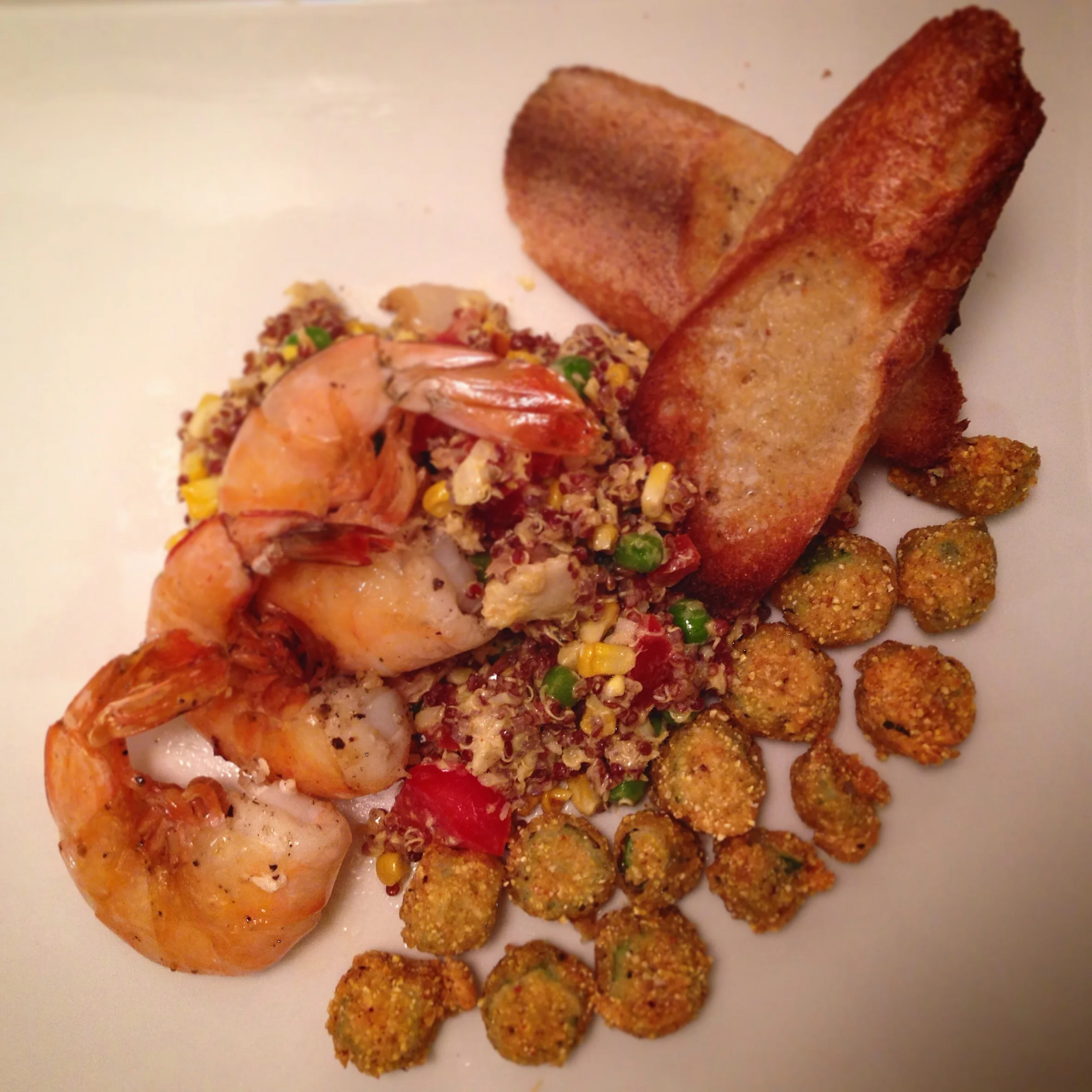 Gulf Shrimp, Smoked Trout Red Quinoa Salad, Grits Fried Okra