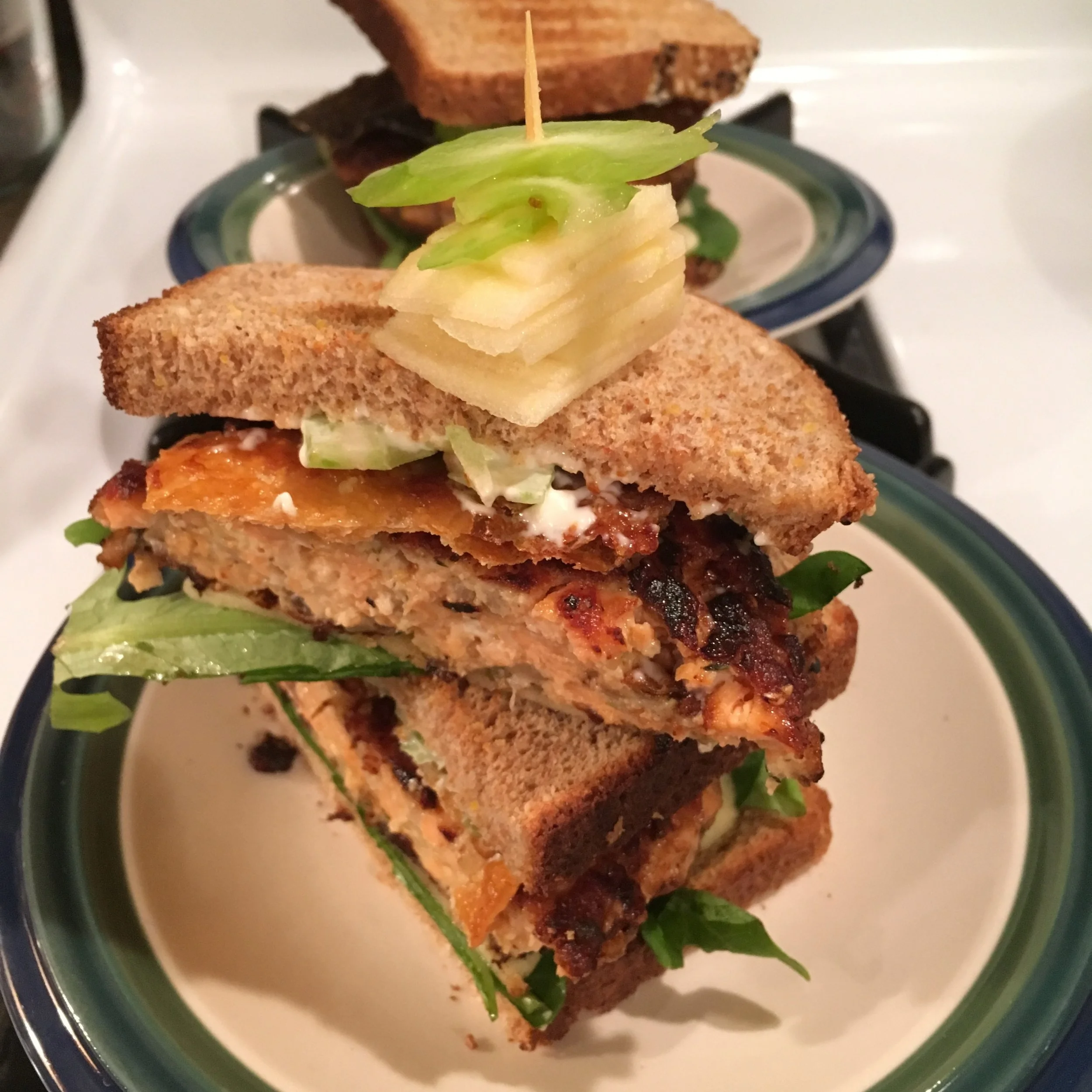 The Ultimate Salmon Burgers, Crispy Salmon Skin, Pickled Celery & Apples