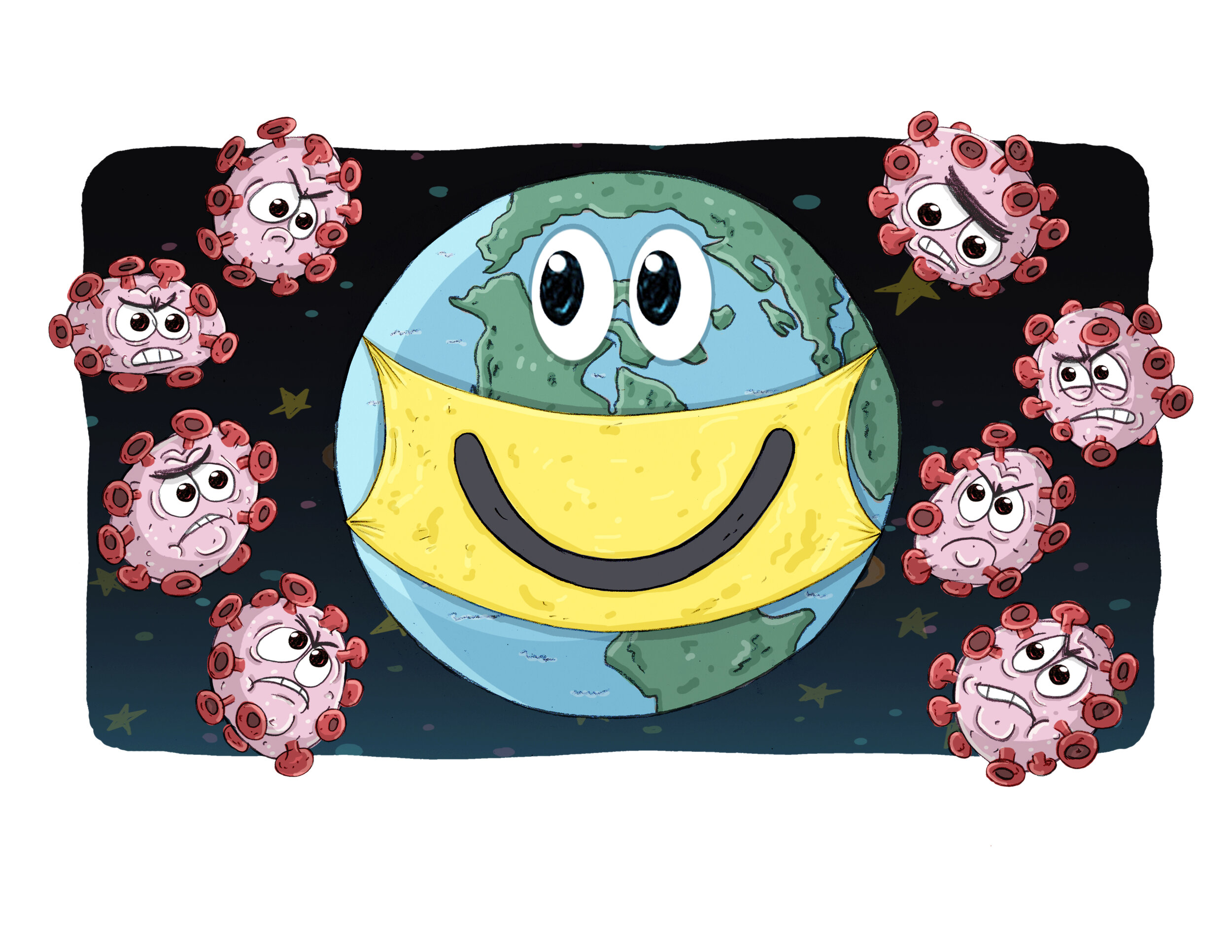 Covid-19 virus tries attacking the earth but the earth wisely wears a face mask