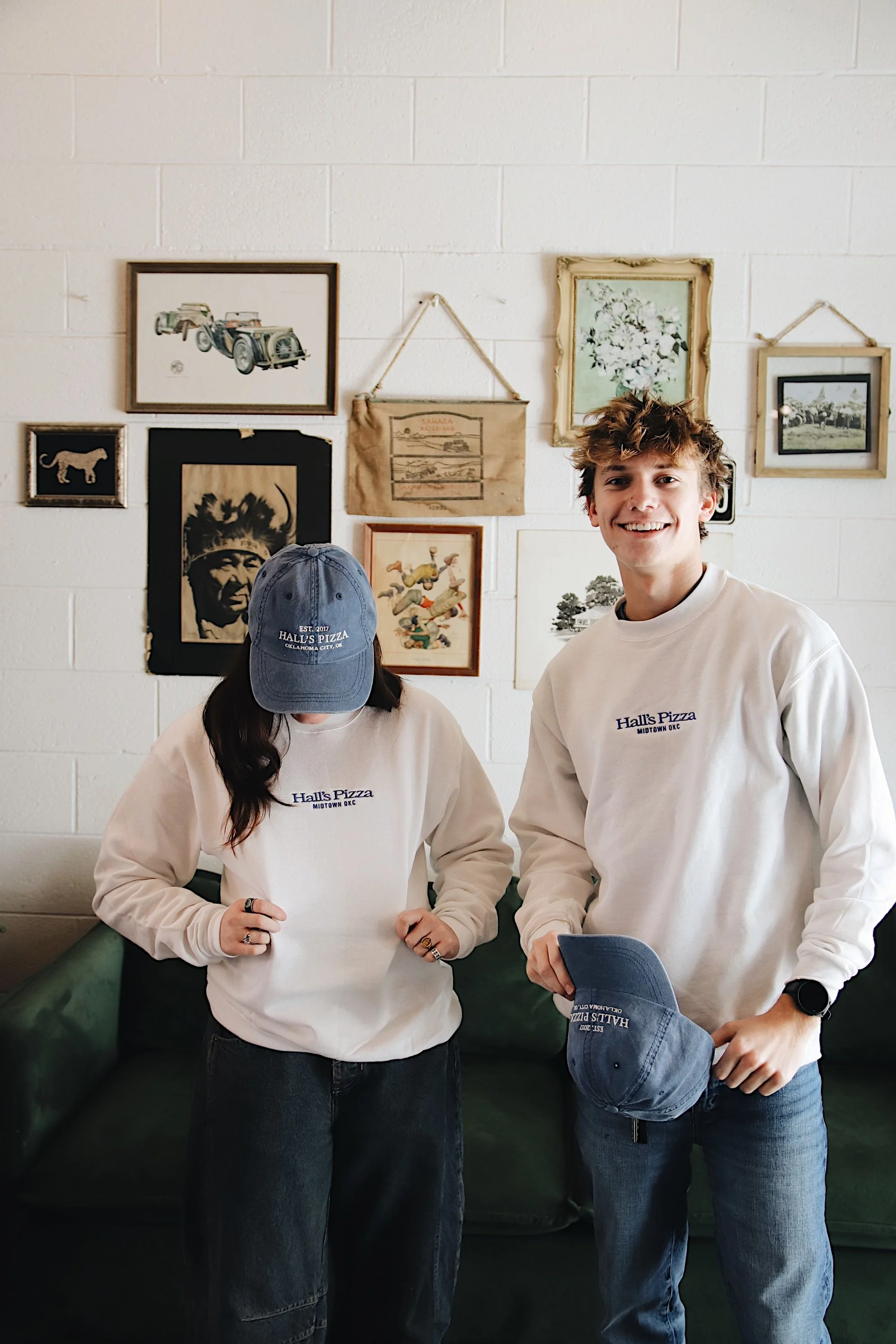 "Hall's Pizza" Crew Neck Sweatshirt in White