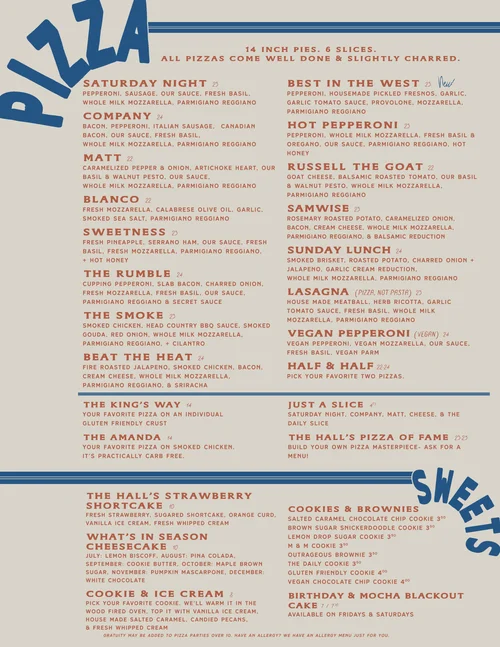 MENU — The Hall's Pizza Kitchen