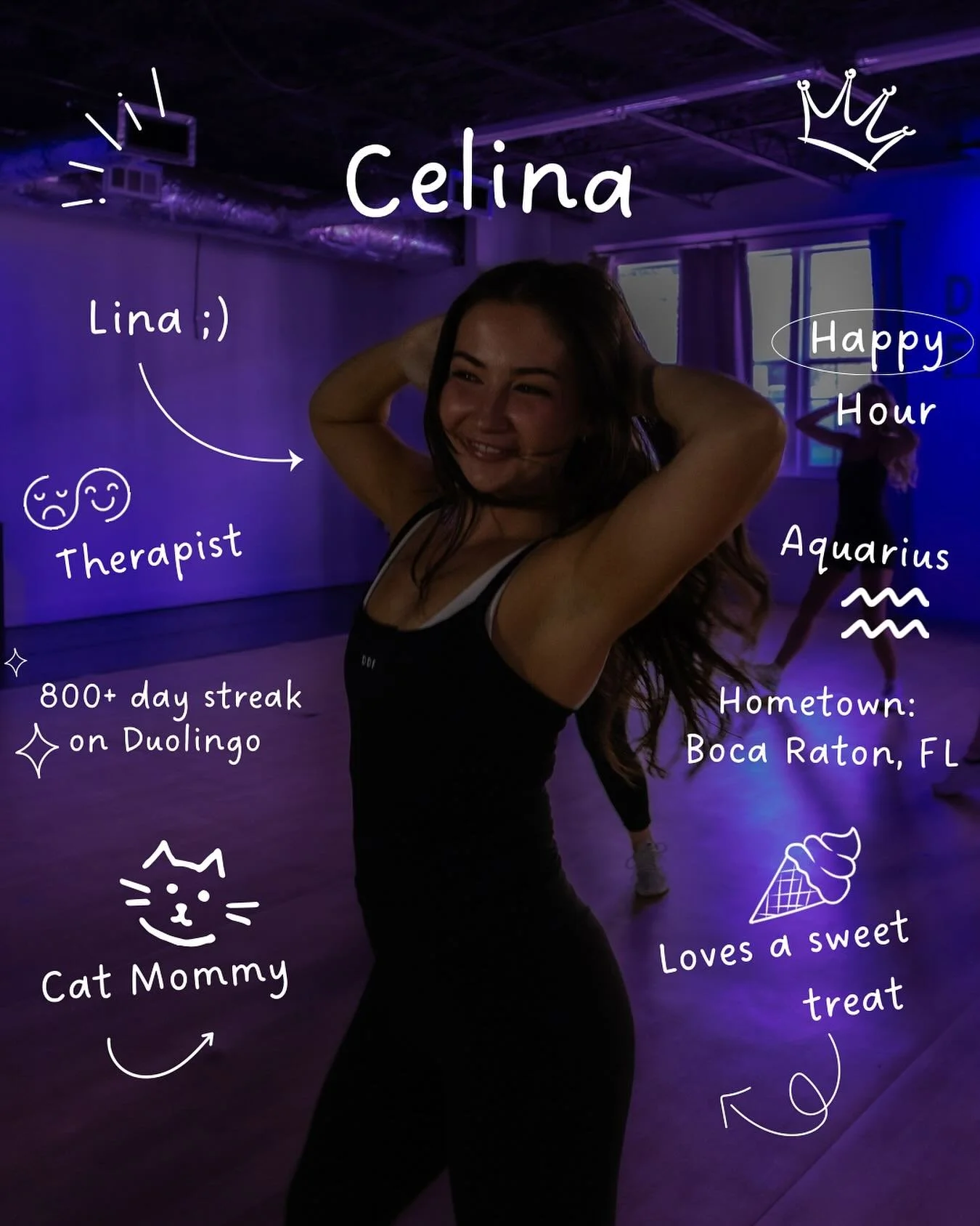 We love our DDF team, and now it&rsquo;s time for you to get to know them too! 🩵
Say hi to Drop Master, Celina &mdash; try out her high energy Happy Hour class if you haven&rsquo;t yet 🪩 👑

#instructors #funfacts #groupfitness #exercise #tally #da