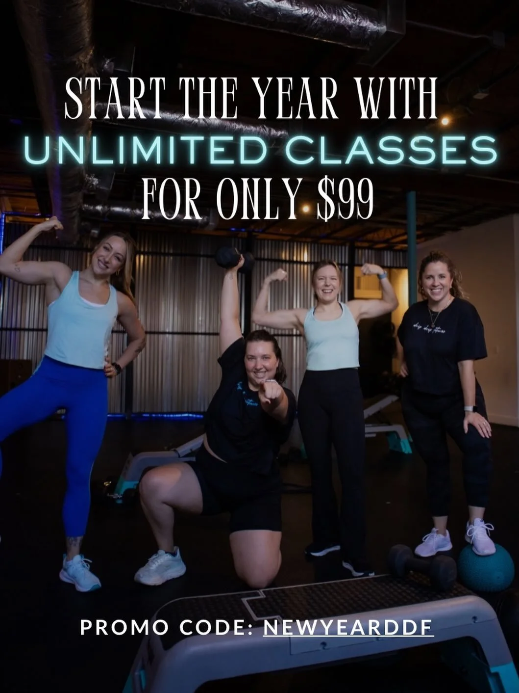 Start your new fitness journey today for only $99 🪩 Must purchase in January! 
You can sign up using the link in bio &amp; use promo code: NEWYEARDDF at checkout to get your first month of unlimited classes for only $99! Invest in yourself this year
