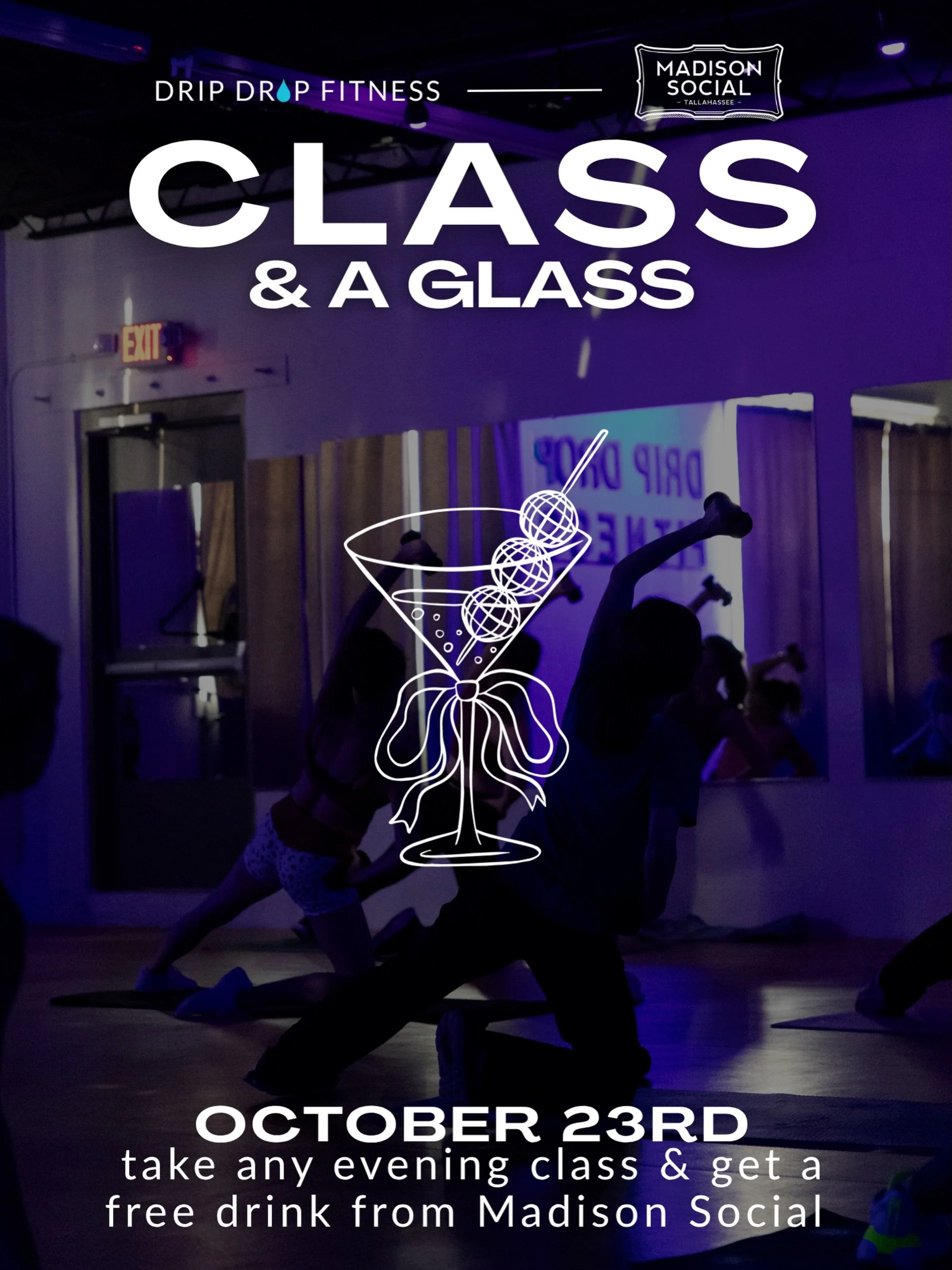 🪩🥂Class &amp; a Glass🥂🪩
Join us for ANY evening class at Drip Drop Fitness on October 23rd and receive a FREE drink voucher to use at Madison Social! 🥂

📅 October 23rd
💧 Take any evening DDF class
🥂 Enjoy a complimentary drink at Madison Soci