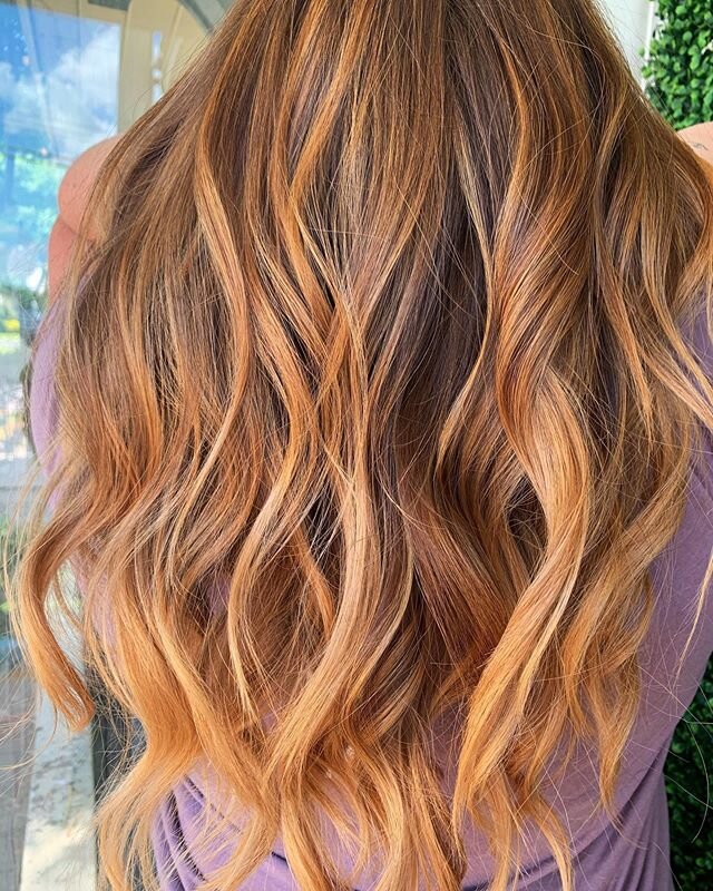 Balayage with a pretty peachy &amp; copper toned twist - when your client says &ldquo;Spice it up!&rdquo; And it&rsquo;s your first week back to work after months - You do not have to ask me twice! I think I ran into my color room to mix up these for