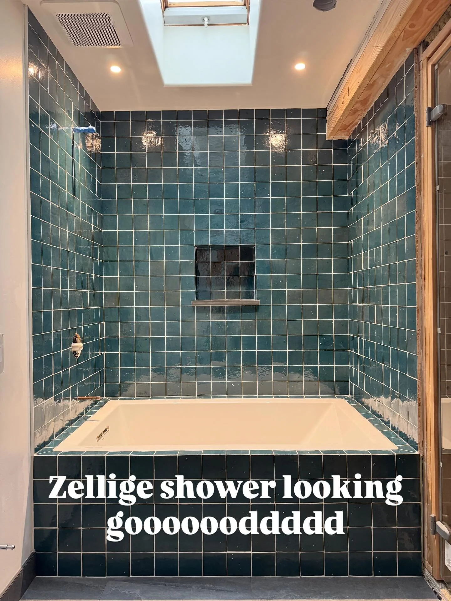 Big ol' 36&quot; built in tub with @zia_tile Zellige is looking darn good in one of our current kitchen/bath remodels, to right of tub there will be an indoor built-in sauna, stay tuned for that one too. Adam @nichewoodworkspnw nailed this tile insta