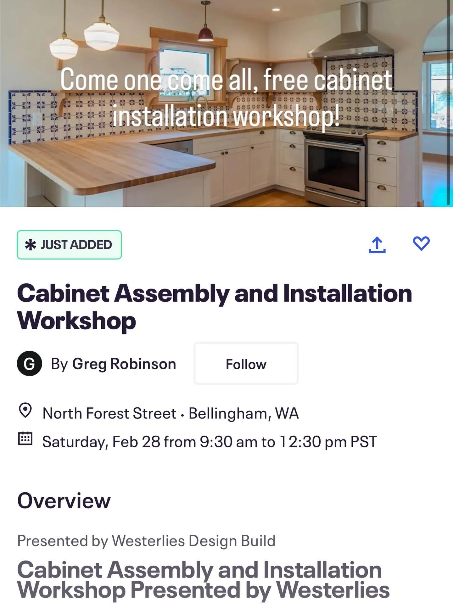 Westerlies Design Build is offering the first in what we hope is to become a series of workshops aimed at sharing our knowledge and empowering anyone who wants to come and learn some building skills! The first one is cabinet installation, performed o