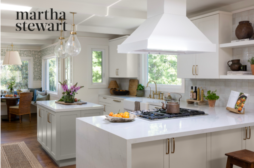 Kitchen renovation in Kentfield designed by Marin interior designer Studio SQUIRE featuring hana sky quartz countertops, handmade tile, brass hardware, and pendant lighting