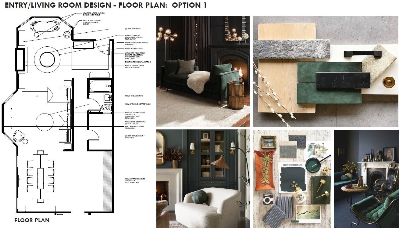 Living room design with floor plan and inspiration images.