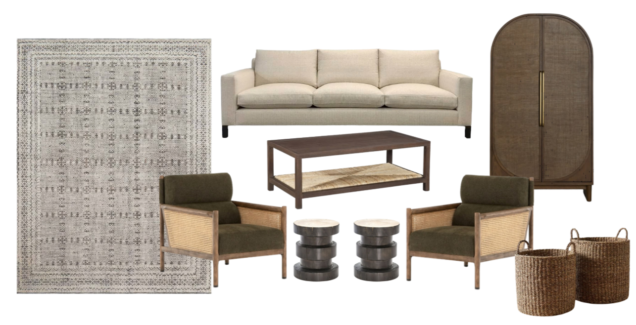 Family Room in Corte Madera designed by Marin interior designer Studio SQUIRE featuring woven baskets, upholstered seating, walnut coffee table, and grey area rug