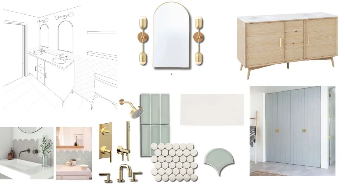 Studio SQUIRE | Marin and SF Bay Area Interior Design Firm | San Anselmo Downstairs Renovation | Kids Bathroom Design | Scallop Tile Brass Arched Medicine Cabinets White Oak Vanity