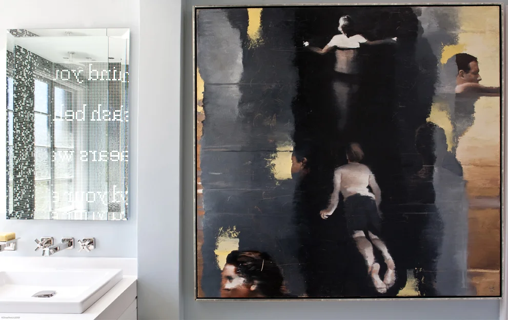 Studio SQUIRE | Marin County and SF Bay Area Interior Design Firm | De Meza Architecture and Interiors | San Francisco | 2010 Decorators Showcase | Bathroom Design | Black and White Tile | Wall Art