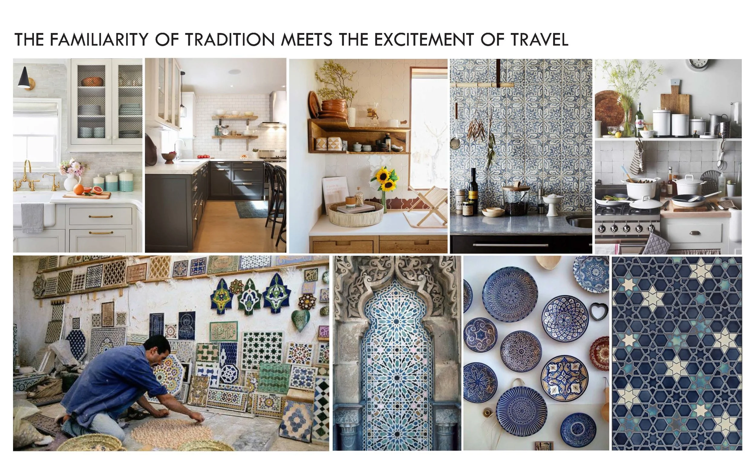 Kitchen renovation in Sausalito designed by Marin interior designer Studio SQUIRE featuring Moroccan Tile, Gold Hardware, Pendant Lighting, and Open Shelving