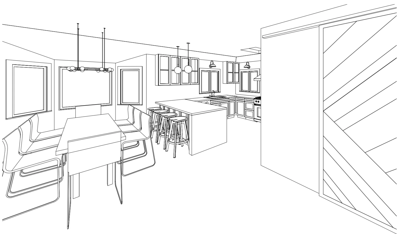 Kitchen Perspective in Mill Valley designed by Marin interior designer Studio SQUIRE featuring Barstools, Dining Table, Dining Chairs, Sliding Barn Door, and Pendant Lighting