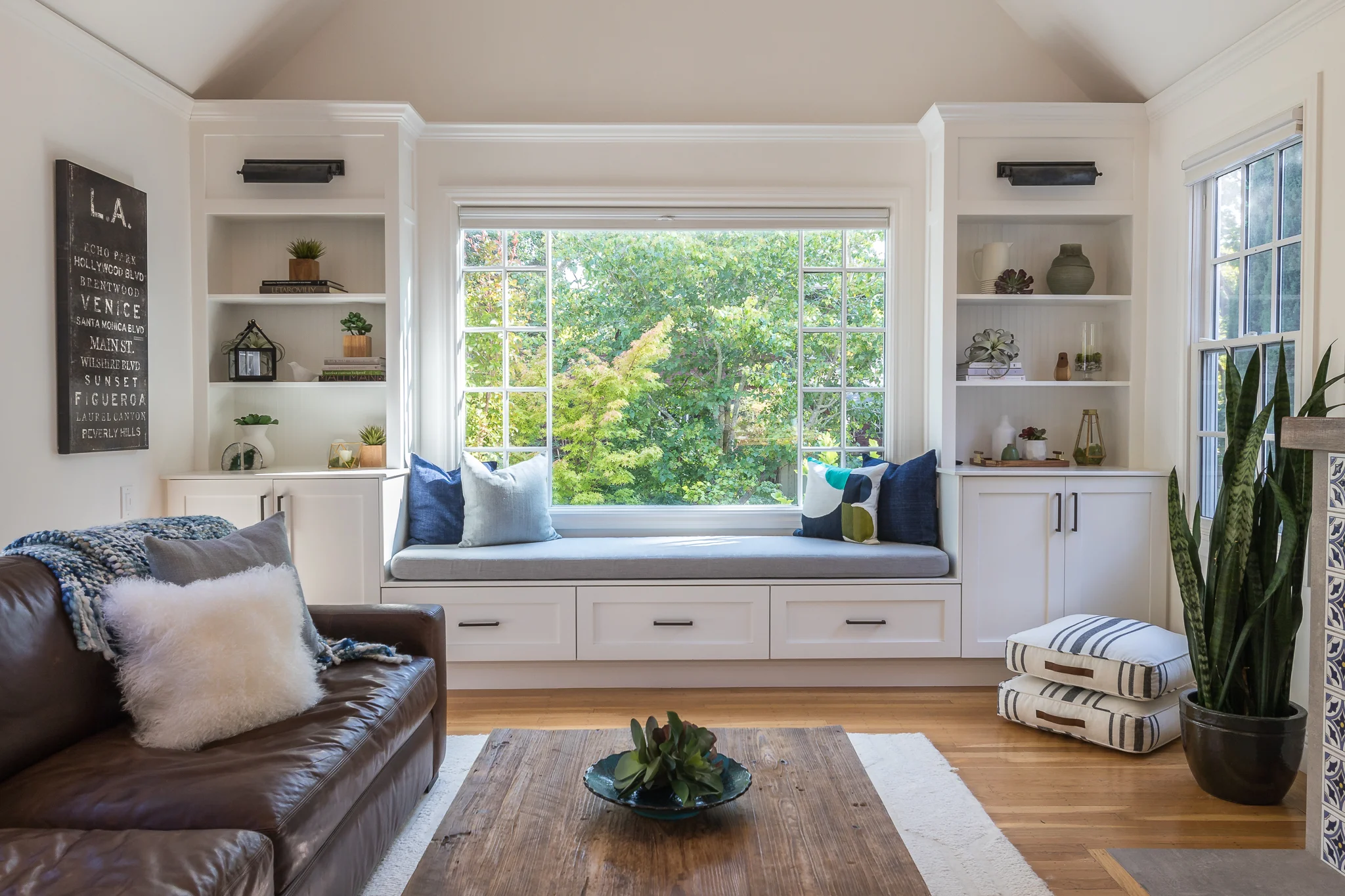 Studio SQUIRE | Marin County and SF Bay Area Interior Design Firm | Marin Project | Modern Living Room Design | Window Seat | Custom Built-In Cabinetry