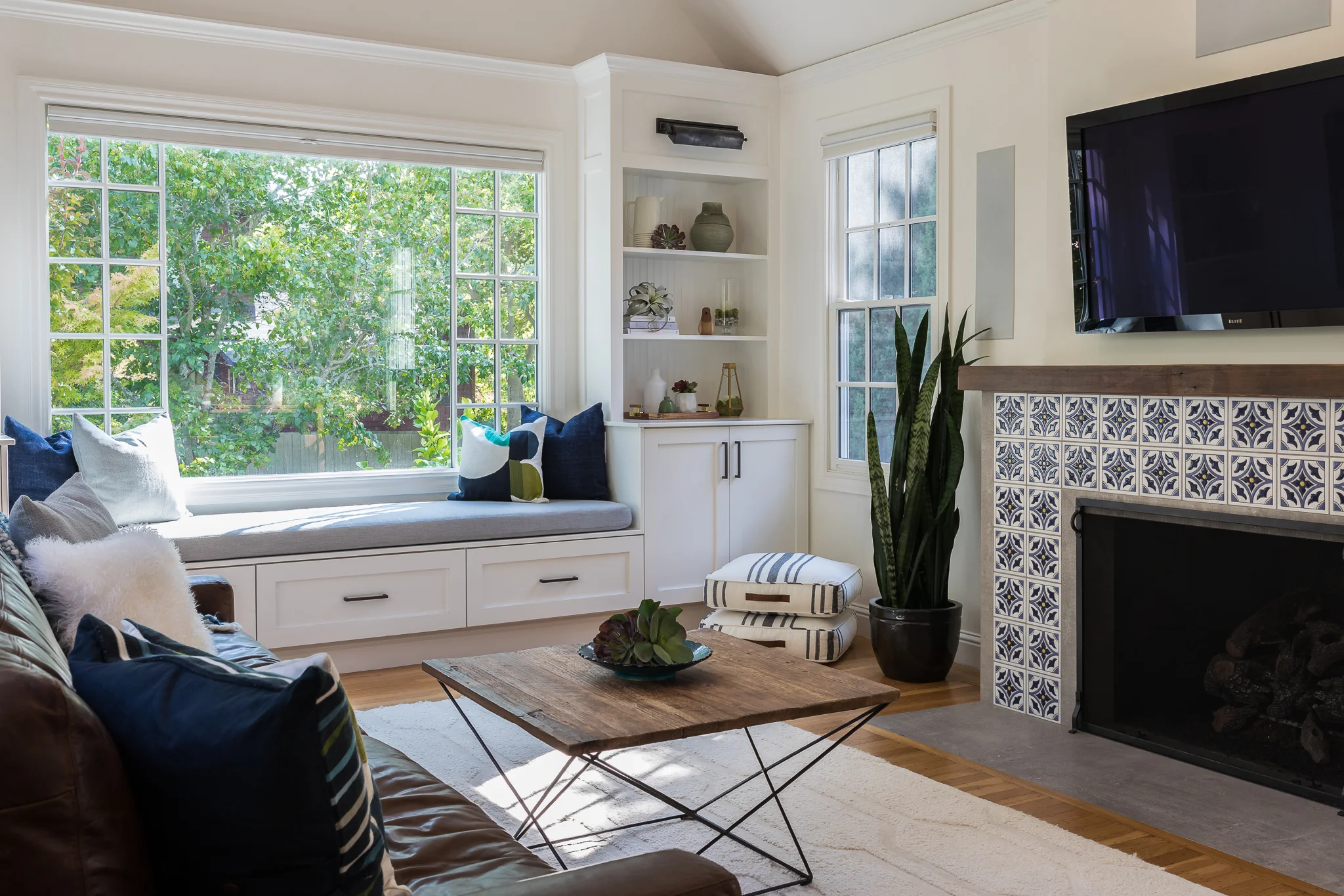 Studio SQUIRE | Marin County and SF Bay Area Interior Design Firm | Marin Project | Modern Living Room Design | Window Seat | Custom Built-In Cabinetry | Custom Fireplace Design