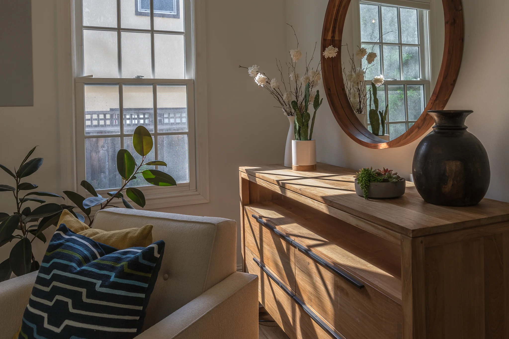 Studio SQUIRE | Marin County and SF Bay Area Interior Design Firm | Marin Project | Modern Living Room Design | Farmhouse | Console Table Styling | Round Mirror