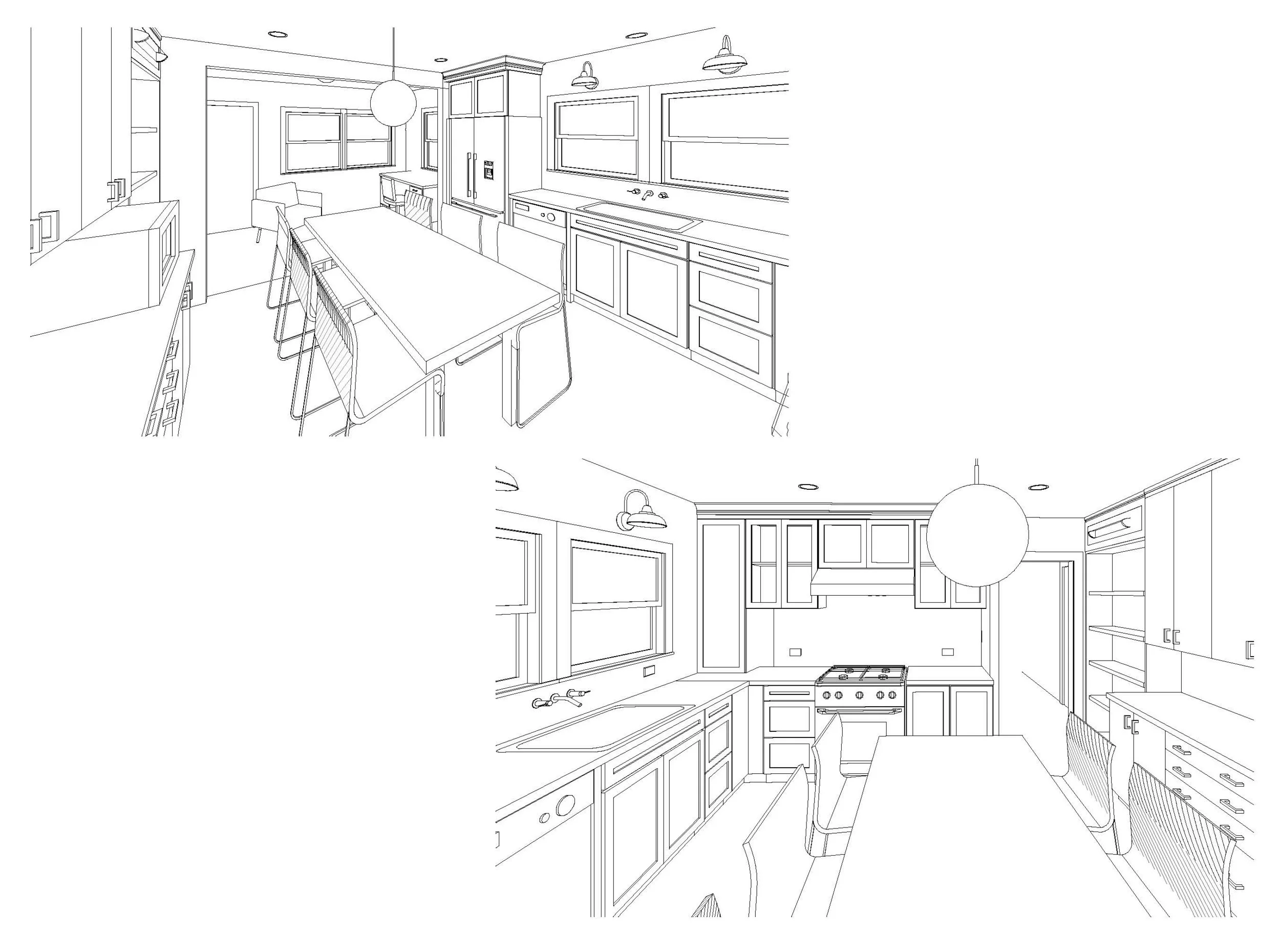 Perspective Drawings in Sausalito designed by Marin interior designer Studio SQUIRE featuring Pendant Lighting, Dining Table, Dining Chairs, Open Shelving, Appliances, and Cabinets