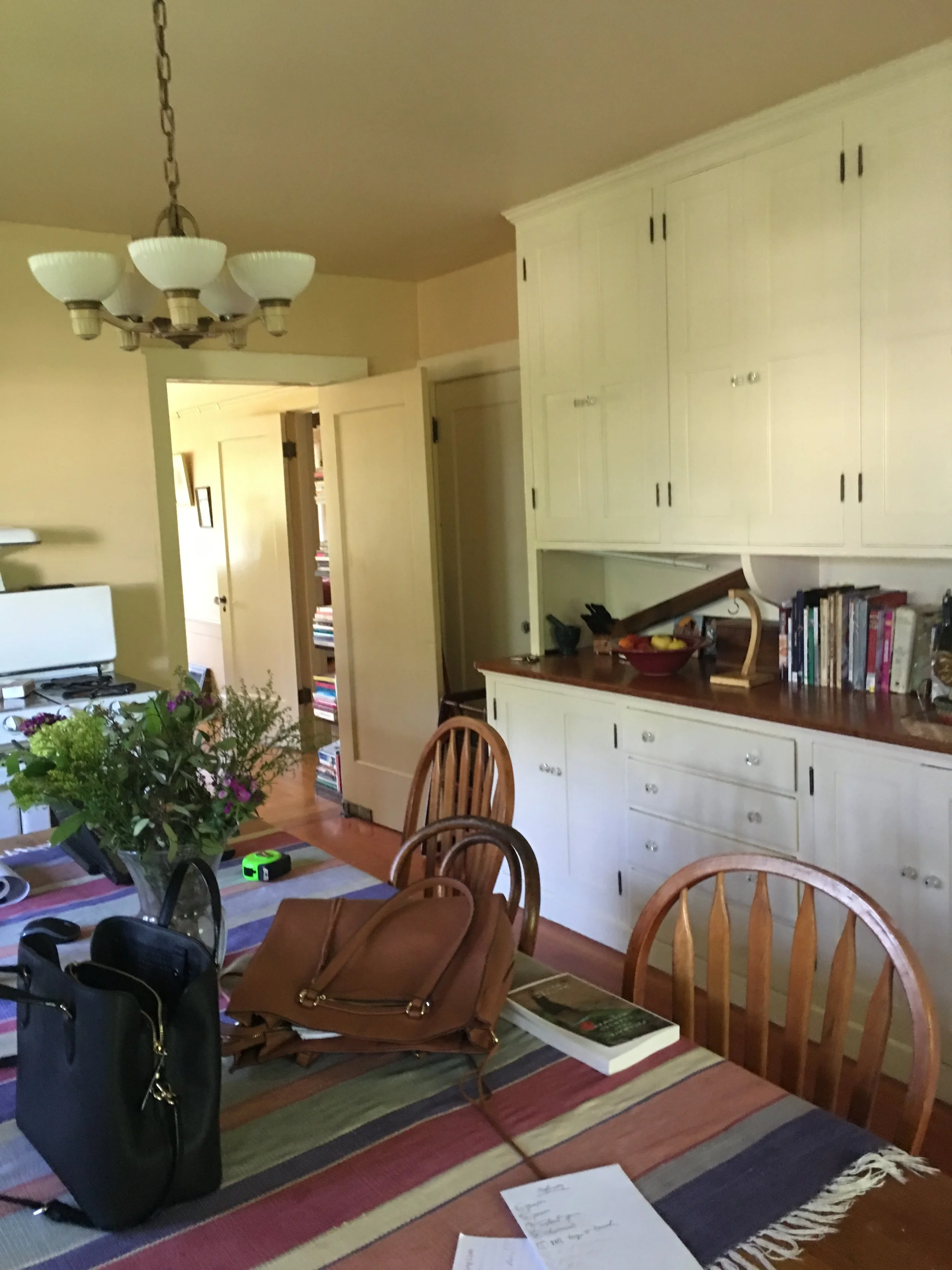Kitchen renovation before photos in Sausalito designed by Marin interior designer Studio SQUIRE featuring Existing Finishes and Outdated Lighting