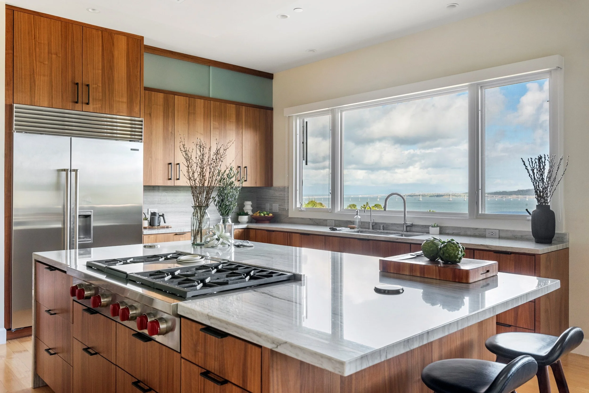 Belvedere-Tiburon luxury kitchen renovation with walnut cabinets and soaking tub