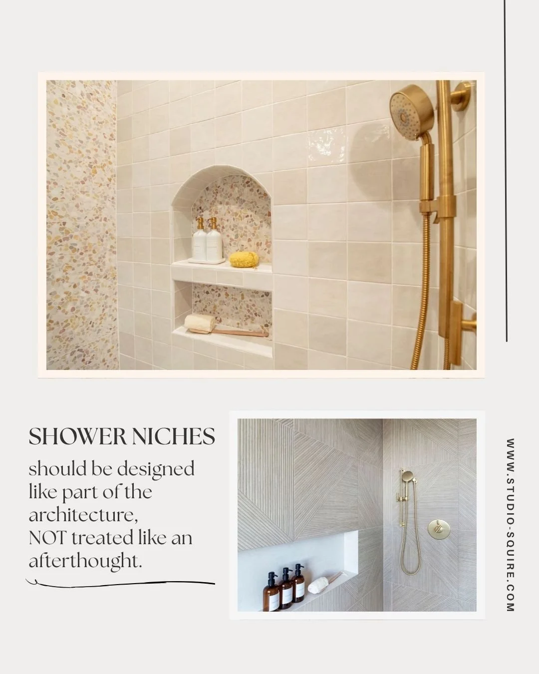 Shower niches should be designed with as much intention as the rest of the bathroom.
They may be practical, but they also have a big impact on the overall look of the space.

A horizontal niche can feel clean, modern, and architectural. A vertical ni