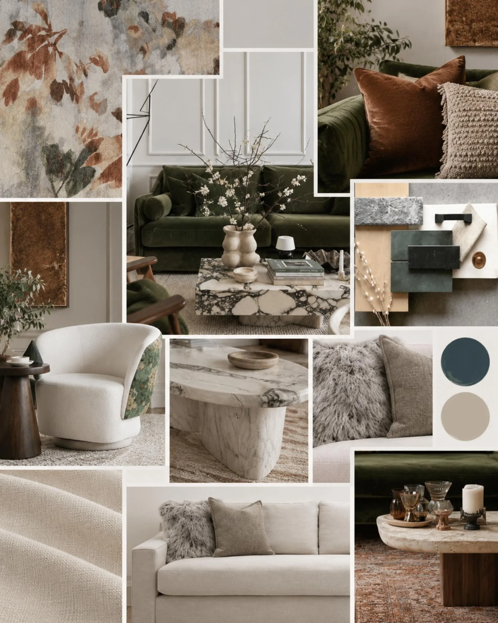 A living room is at its best when it feels just as good to live in as it does to look at.

For this space, the design direction brings together a rich, earthy palette with a thoughtful mix of materials, texture and form. Deep olive green introduces d