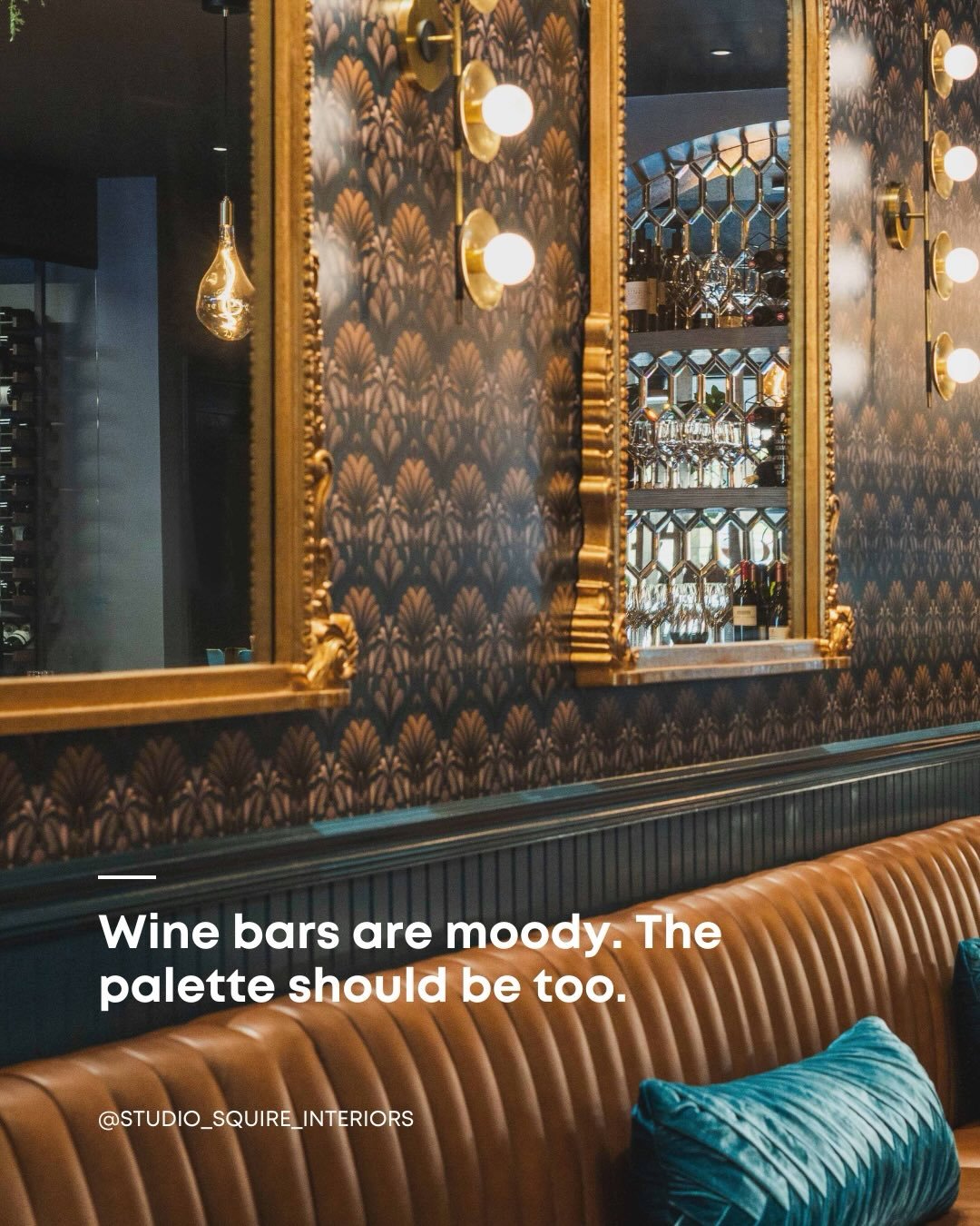 A color story that commits, and doesn&rsquo;t apologize for it.

At Mog Asu Wine Bar in Tiburon, we paired a moody art deco wallpaper with hunter green tile, cognac leather, and warm brass so every material speaks the same language. No competing idea