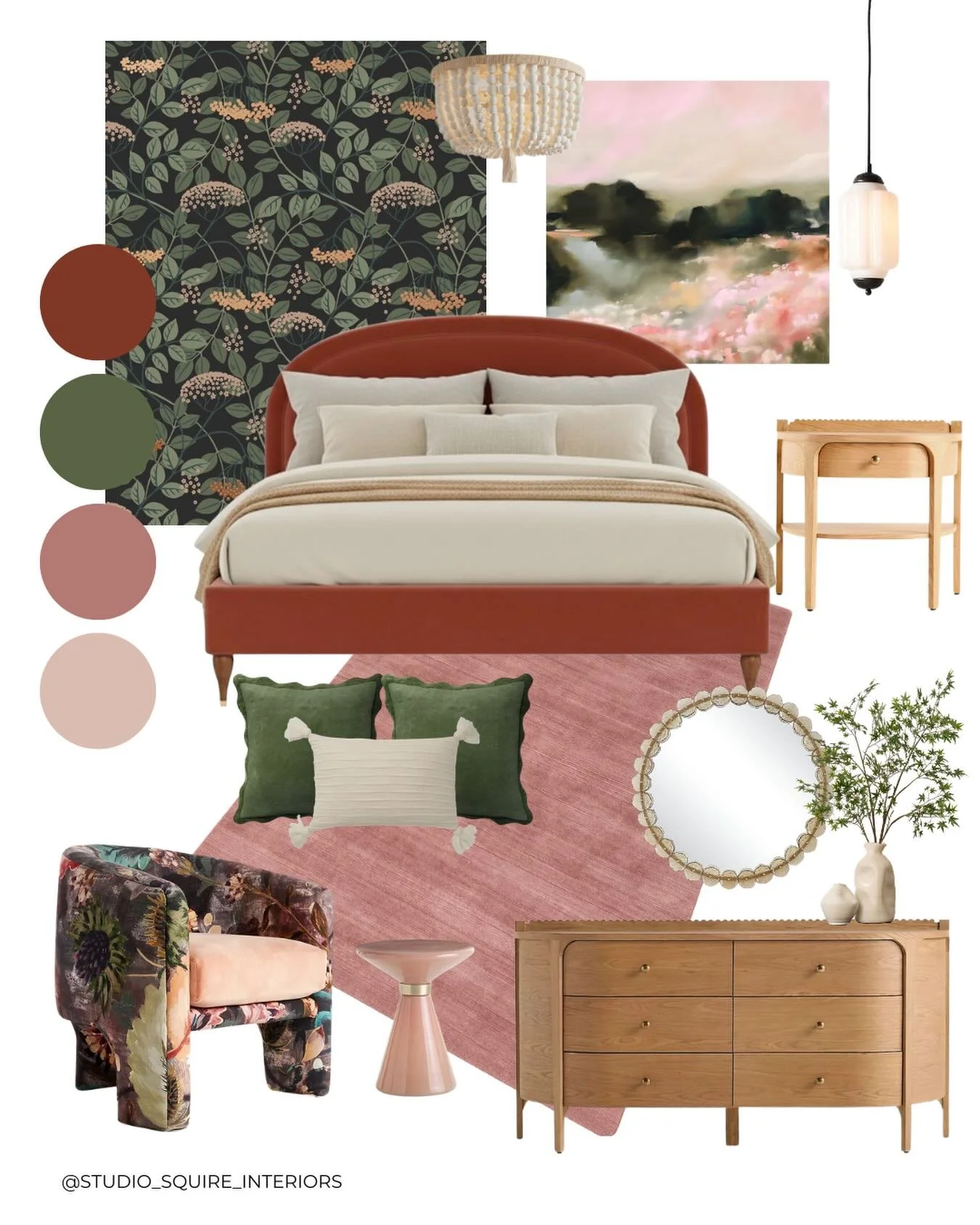 The wallpaper in this bedroom is doing all the talking, and we&rsquo;re letting it.

We started with a bold botanical print mixing punchy pink and deep green, then built everything else to let it shine. Soft blush and mossy tones echo the pattern, wa