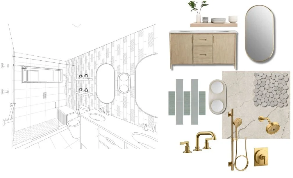 Studio SQUIRE | Marin and SF Bay Area Interior Design Firm | Mill Valley Whole Home Renovation and ADU | Sage green tile with river rocks white oak vanity and brass plumbing fixtures