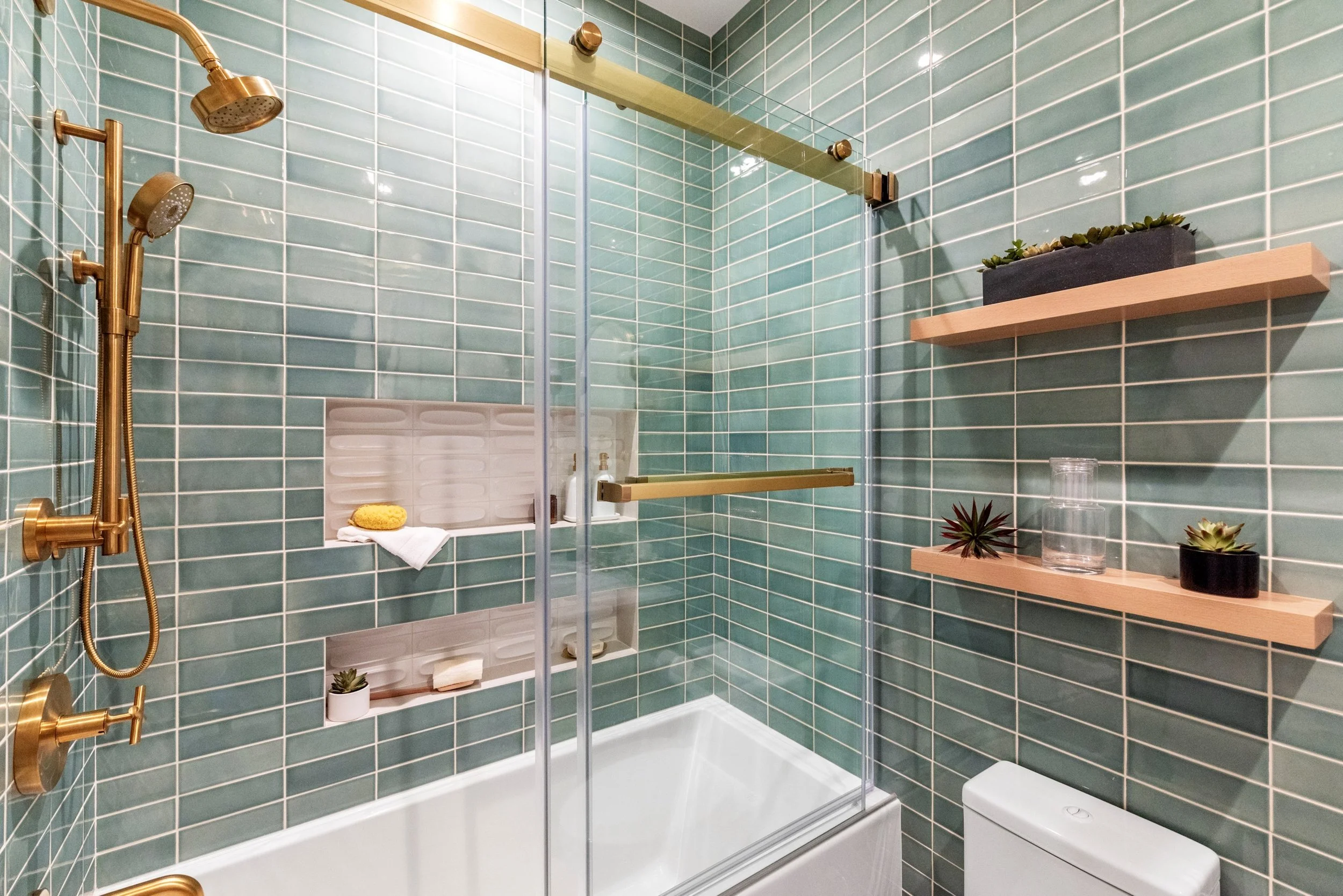 Studio SQUIRE | Marin County and SF Bay Area Interior Design Firm | Belvedere-Tiburon Project | Modern Spa Bathroom Design | Shower Design | Brass Fixtures | Shower Niches