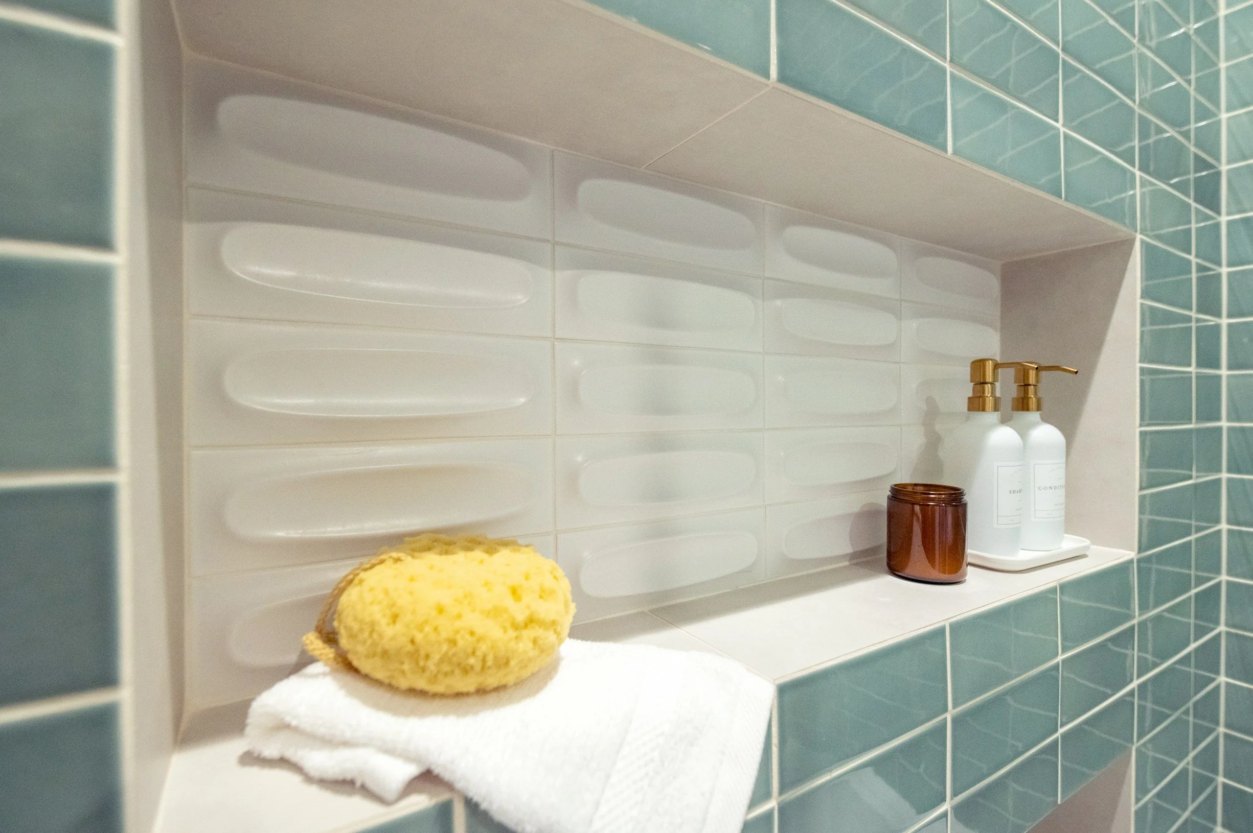 Studio SQUIRE | Marin County and SF Bay Area Interior Design Firm | Belvedere-Tiburon Project | Modern Bathroom Design |  Shower Niche Detail | Handmade Tile