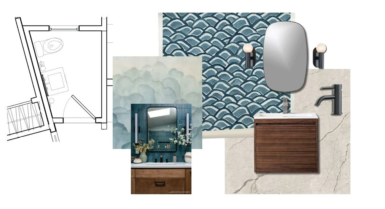 Studio SQUIRE | Marin and SF Bay Area Interior Design Firm | Larkspur Whole Home Renovation | Mountain Modern | Powder Room Inspiration and Design | Teal Walnut Clouds Mountains