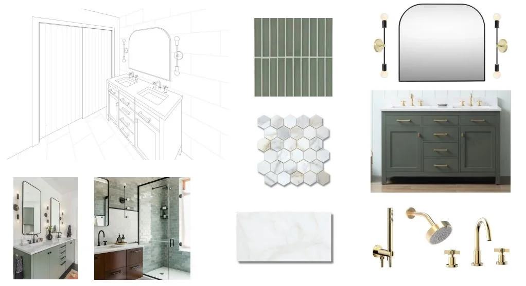 Studio SQUIRE | Marin and SF Bay Area Interior Design Firm | San Anselmo Downstairs Renovation | Primary Bathroom Design | Arched mirror carrera tile brass plumbing fixtures sage green tile and vanity black accents