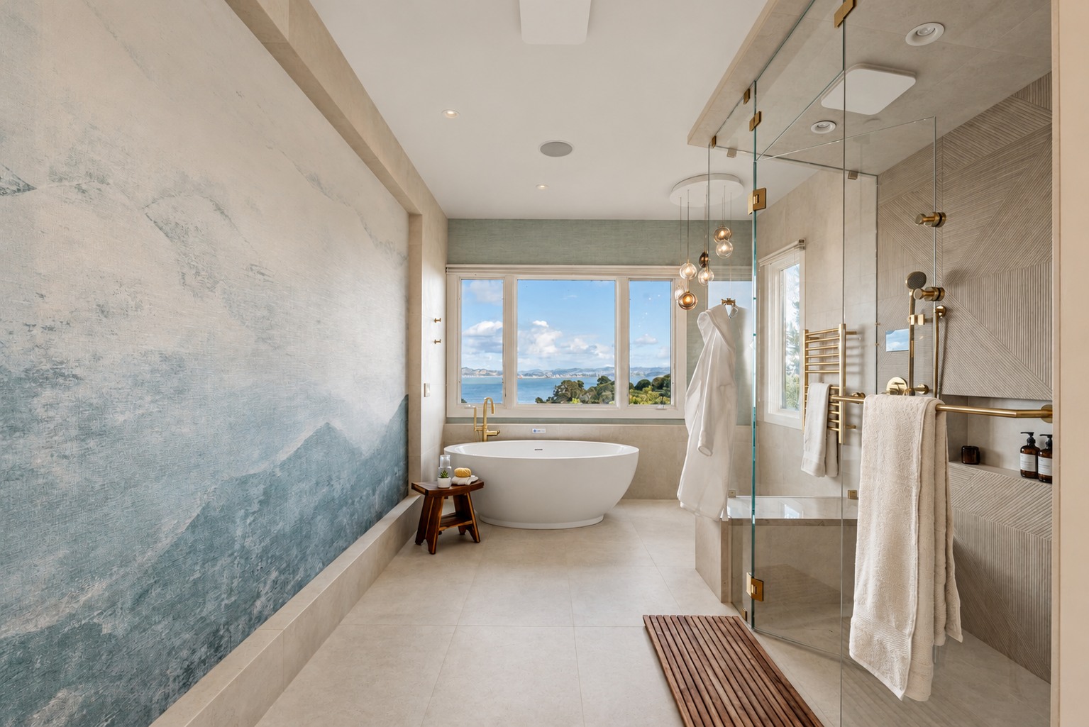 Luxury primary bathroom renovation in Tiburon designed by Marin interior designer Studio SQUIRE featuring a coastal wallpaper mural, freestanding soaking tub, steam shower, and views of the San Francisco Bay.