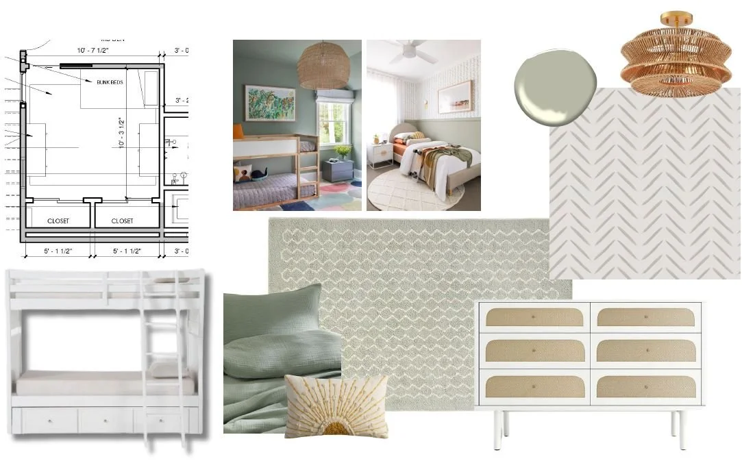 Studio SQUIRE | Marin and SF Bay Area Interior Design Firm | San Anselmo Downstairs Renovation | Kids Bedroom Design | Sage green and yellow gray herringbone wallpaper bunk beds