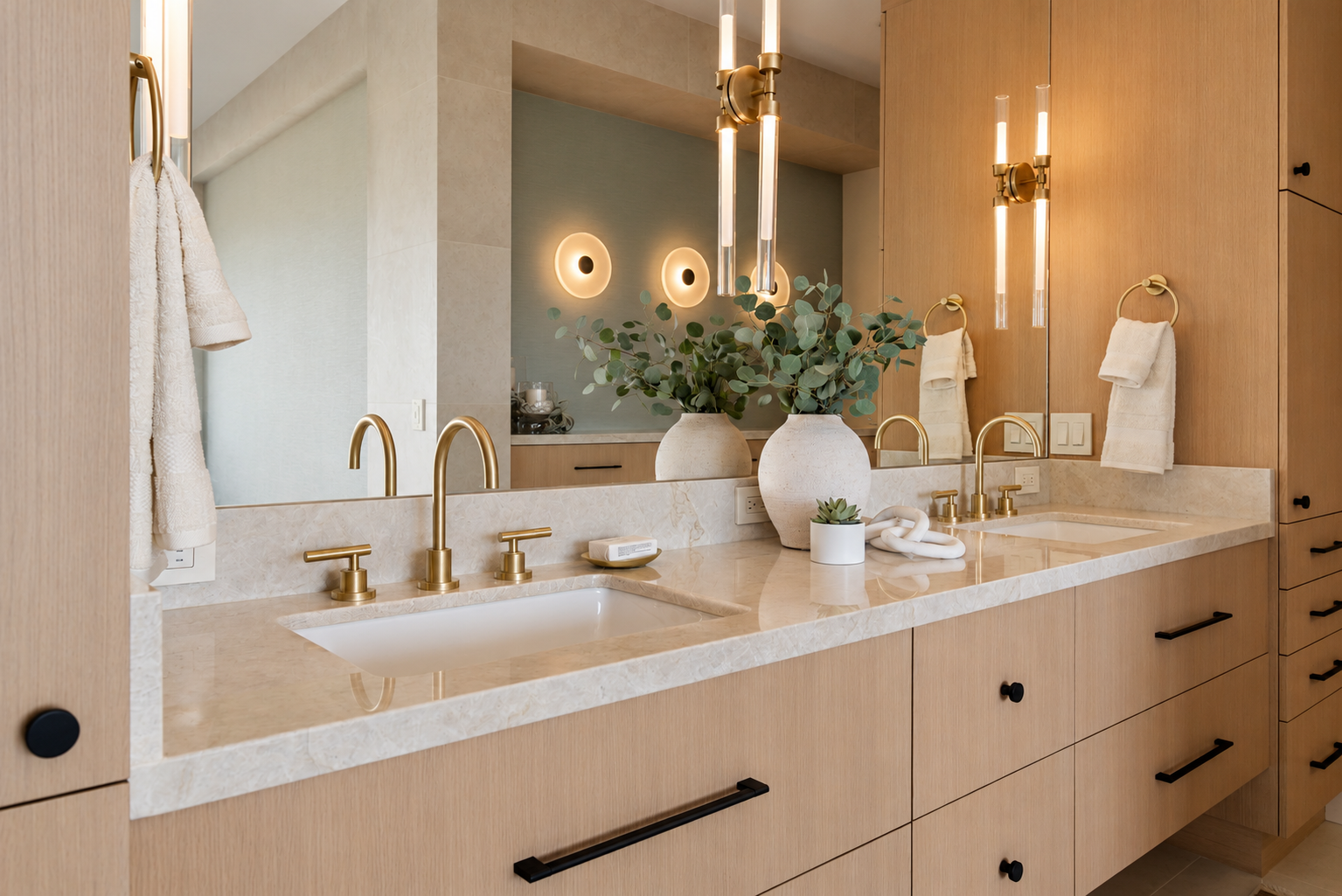 Luxury primary bathroom renovation in Tiburon designed by Marin interior designer Studio SQUIRE featuring white oak custom casework, quartzite countertops, satin brass plumbing fixtures, and oil rubbed bronze cabinet hardware.