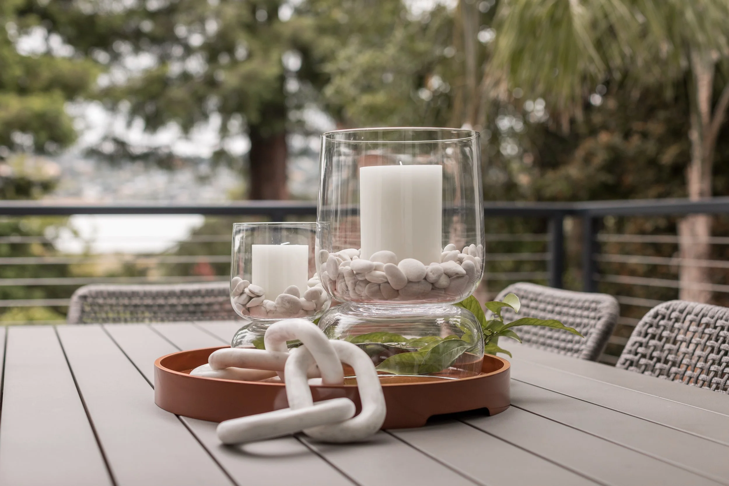 Studio SQUIRE | Marin County and SF Bay Area Interior Design Firm | Mill Valley Project | Modern Outdoor Design | Outdoor Dining Area | Centerpiece Styling Details