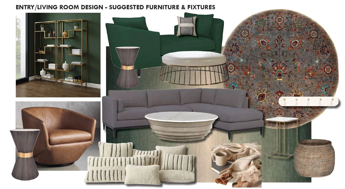 Living room furniture and decor.  Green living room with brass accents and texture.